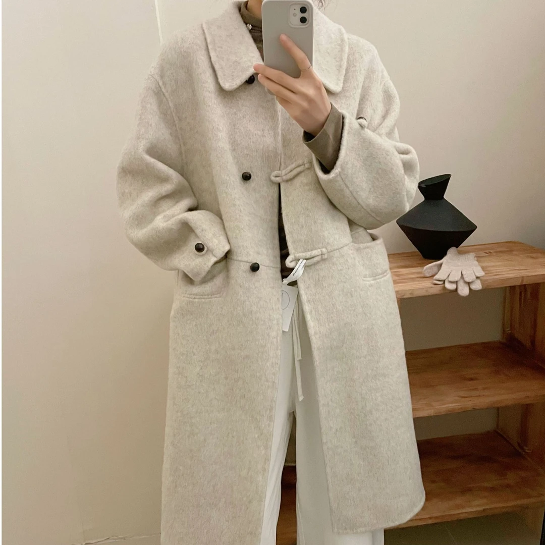【新浪漫满屋】双面呢时尚韩系手工羊毛大衣大方中长款外套百搭