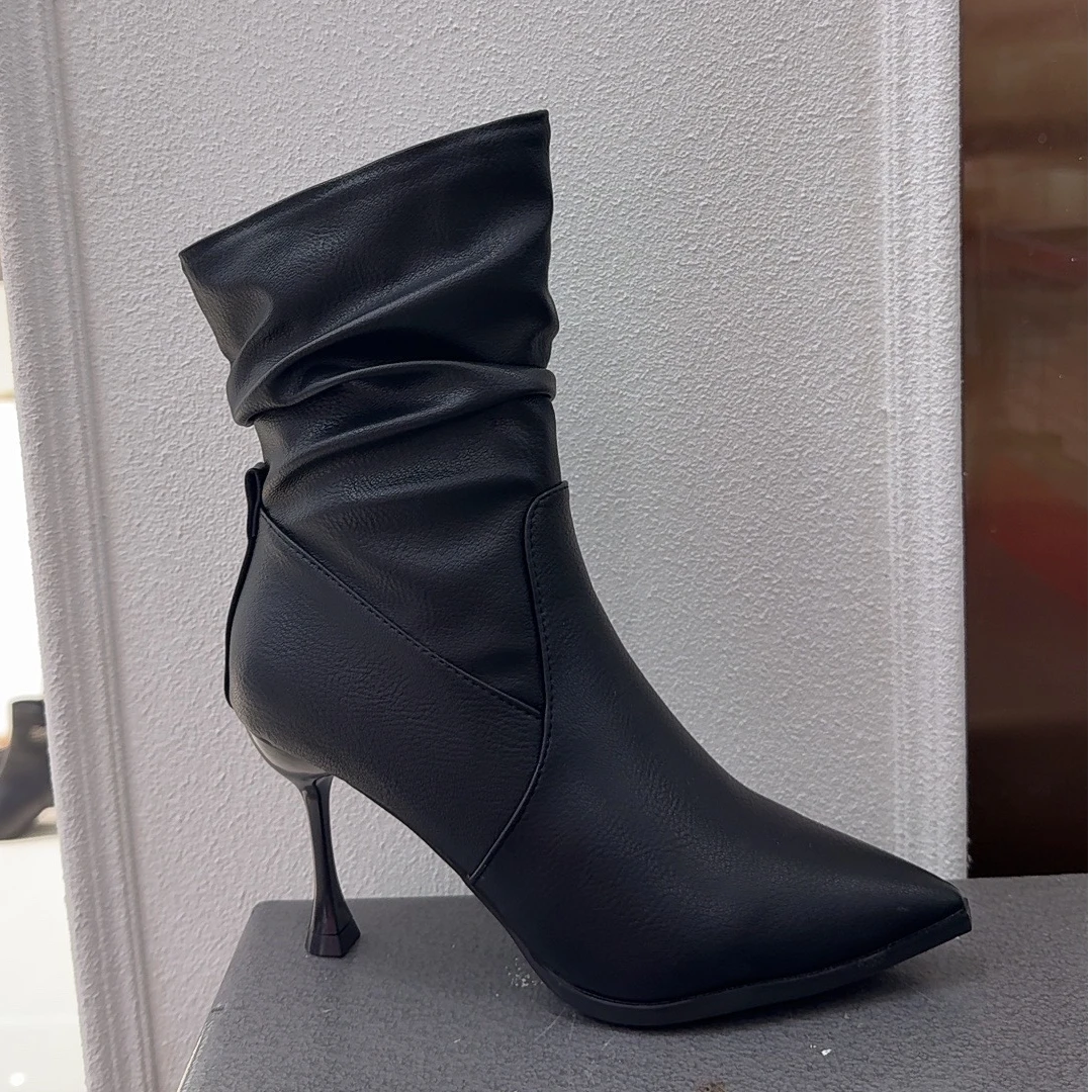 欧美气质时尚高跟堆堆靴2024秋季新款尖头短筒瘦瘦靴细跟百搭短靴