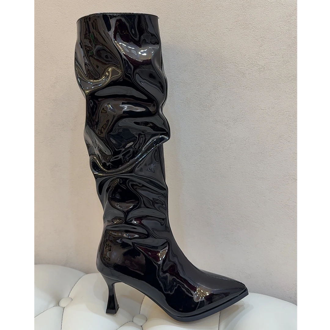 欧美尖头堆堆靴漆皮黑色长筒靴女高筒靴细高跟长靴