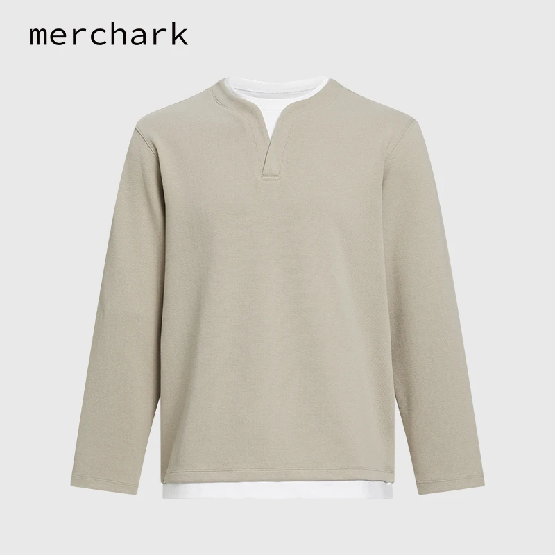 楼高素衣2025秋季百搭假两件V领新疆长绒棉男士休闲长袖打底衫T恤