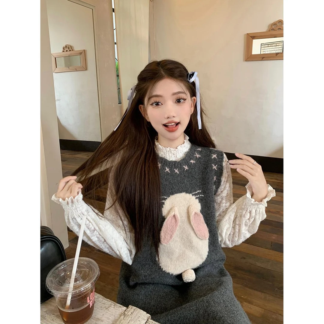 立体小兔子灰色针织连衣裙+花苞袖毛毛针织撞料打底衫