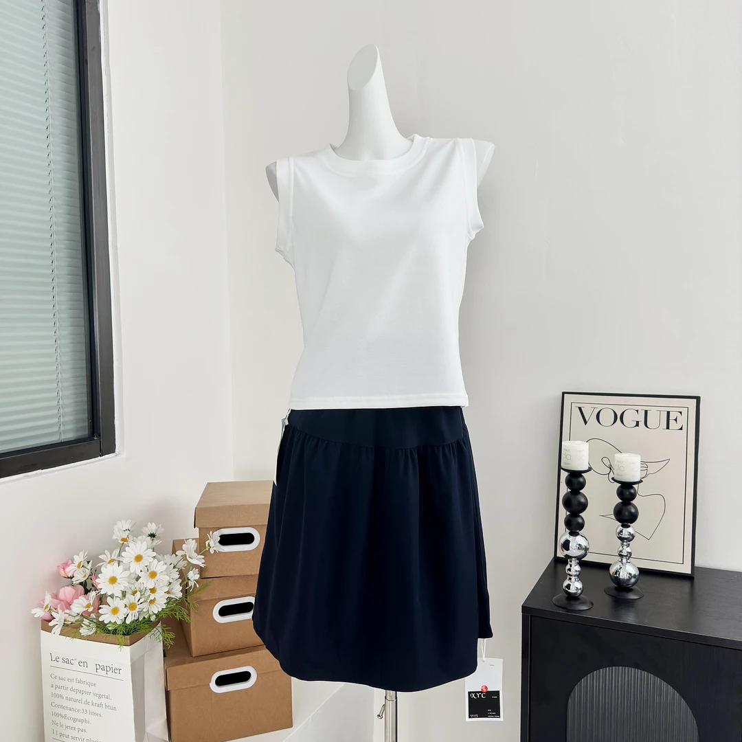 日系休闲松紧半身裙中长裙+背心
