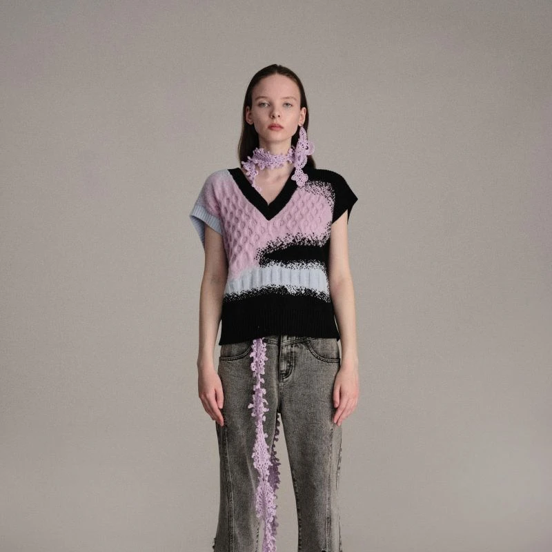 WGMX/玩个毛线秋季拼色肌理针织背心时尚修身设计师品牌原创