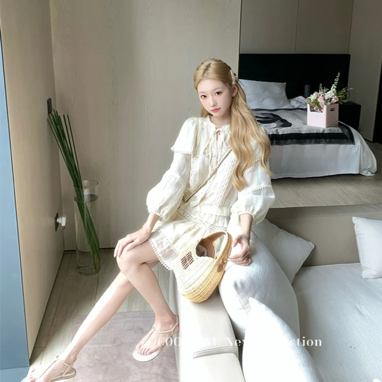 E  COOLLINE林子熙 梨落 苎麻气质套装早秋v领衬衫蛋糕半裙