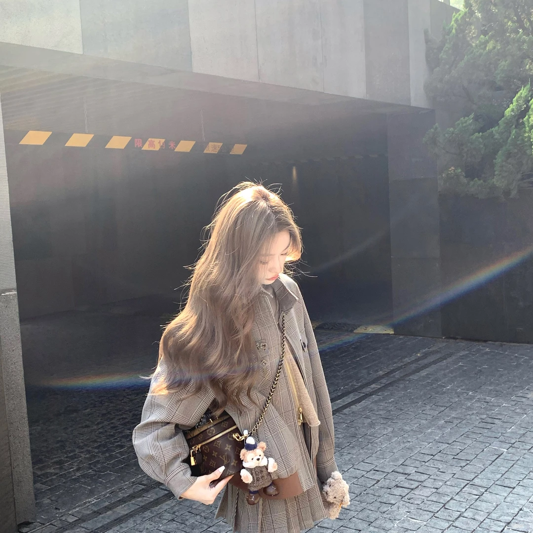 COOLLINE林子熙 miu系美拉德 复古格纹夹克套装裙女气质立领外套