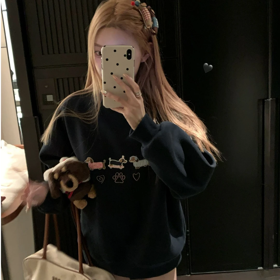 COOLLINE林子熙 我的腊肠小狗 加绒藏青色毛巾绣贴布卫衣休闲