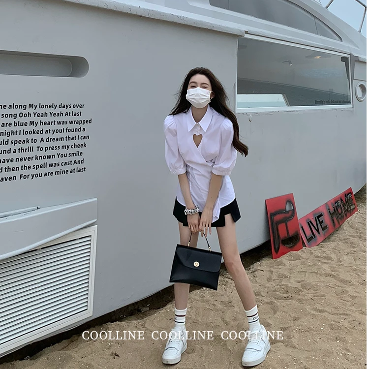 清  甜心丘比特 爱心挖空收腰显瘦衬衫上衣 真的好好看！