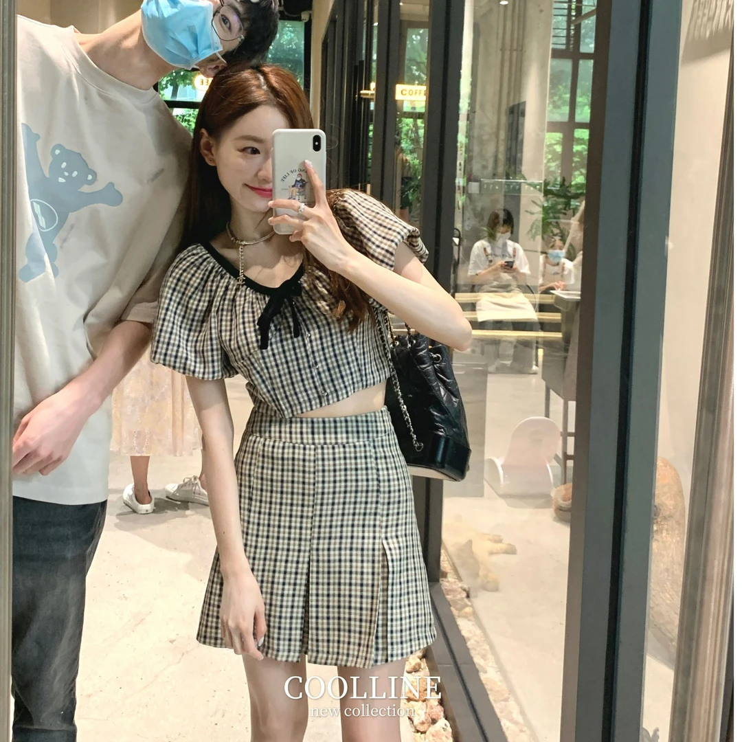E 林子熙 教科书美貌 复古格纹短袖上衣女美式质感半身裙