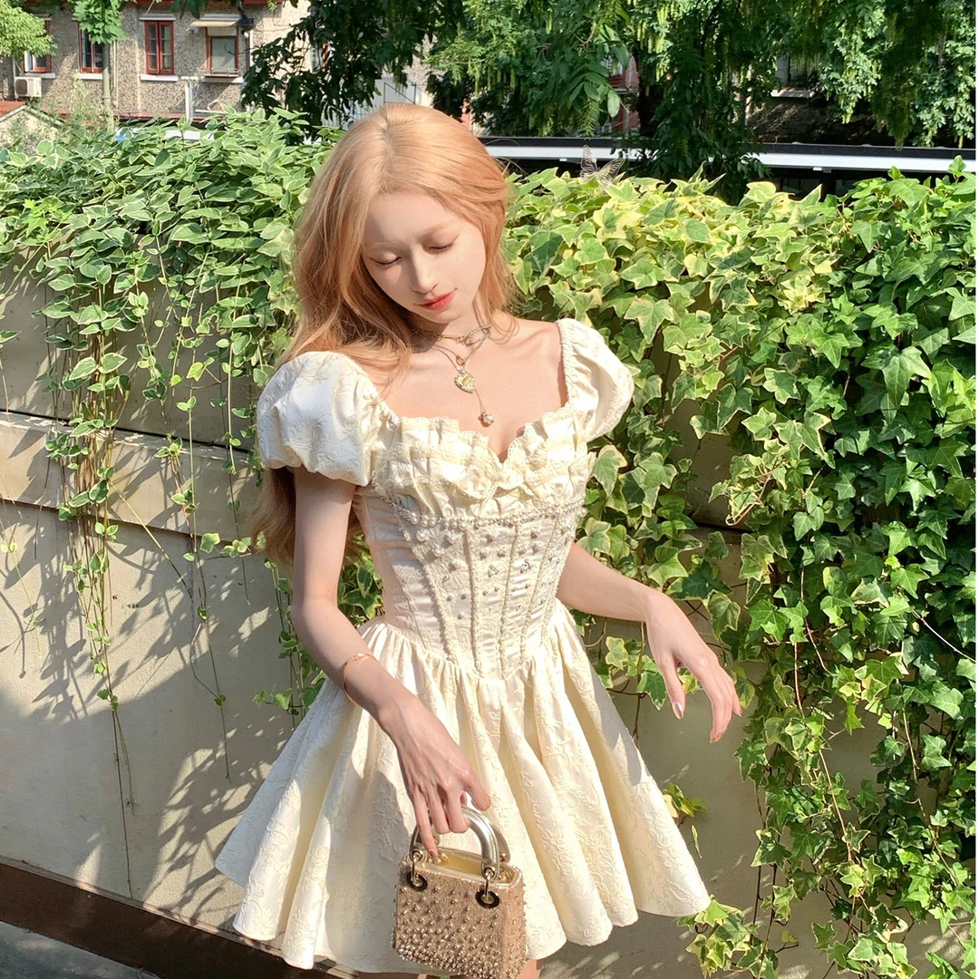 E 林子熙 本期b入！夏季粉棕色公主裙夏&钉珠重工连衣裙女