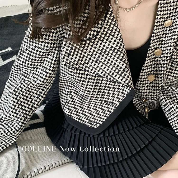 E   林子熙 曼哈顿新秀 金扣经典英伦风千鸟格纹外套短上衣