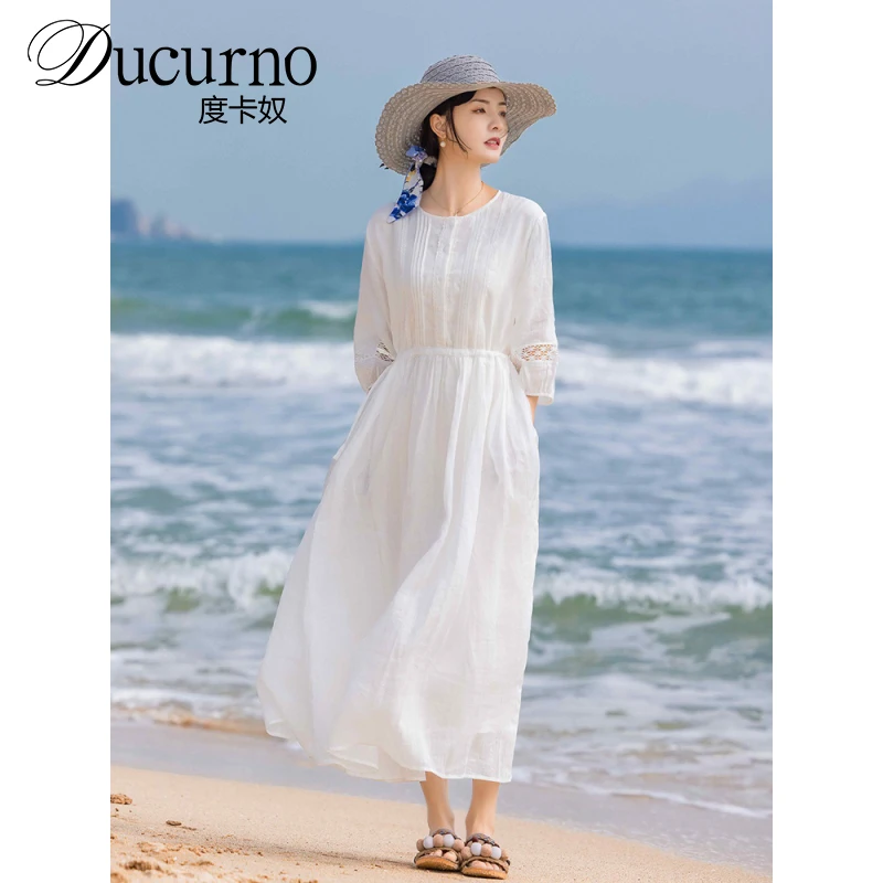 显瘦中长款白色时尚仙气飘逸海边度假三亚拍照连衣裙女高级感裙