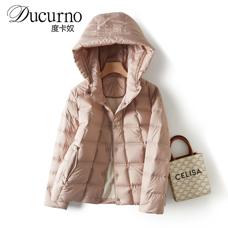 拒绝跑绒压胶格纹休闲连帽90白鸭绒单排扣薄款羽绒服暖系服饰女