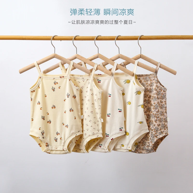 新款吊带包屁衣夏款婴儿ins风 男女宝宝纯棉印花连体三角哈衣爬服
