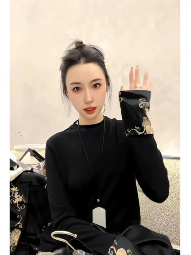 新中式女装气质内搭打底上衣袖子刺绣长袖T恤秋装2023年新款女装
