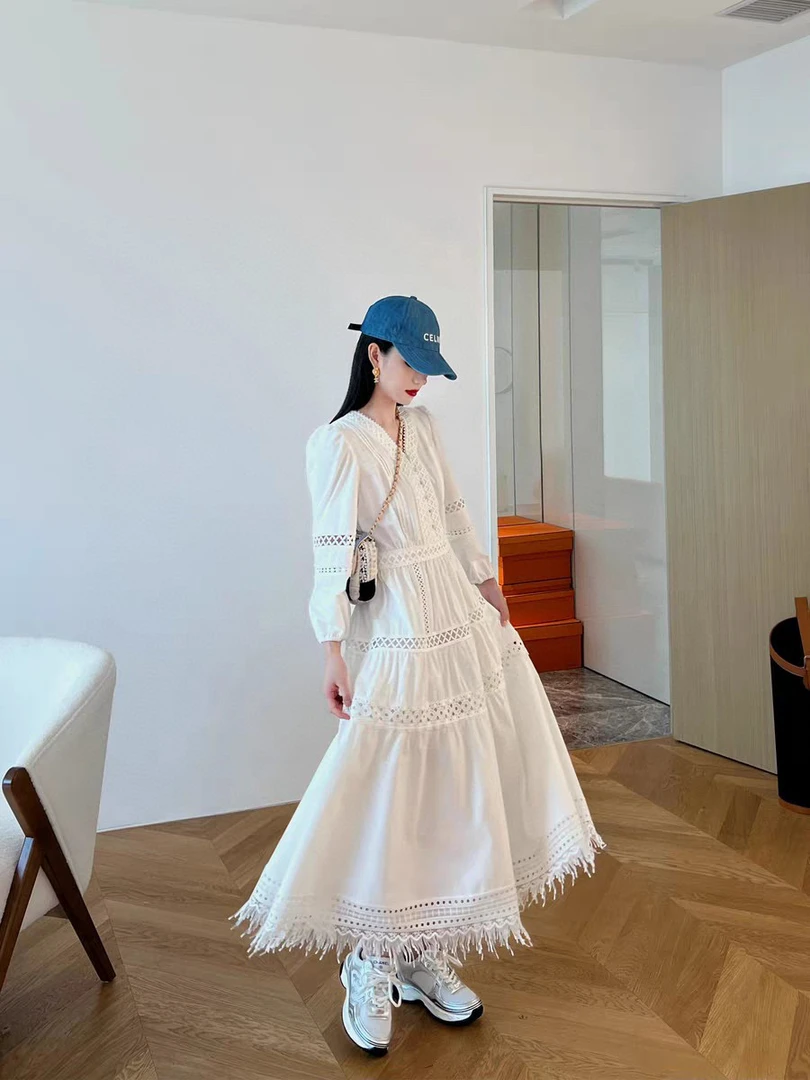 FC.深圳南油原创法式设计感复古小众气质显瘦收腰流苏女装连衣裙