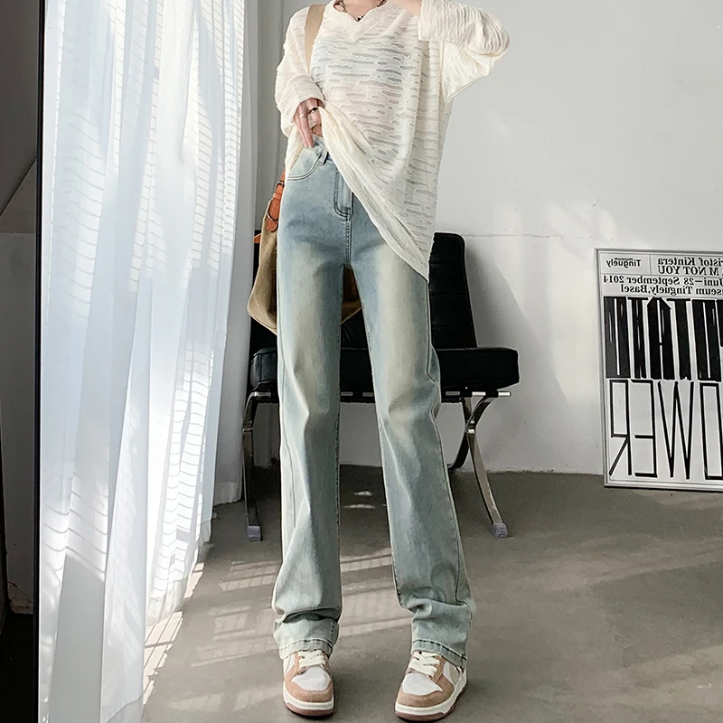 高腰浅色窄版直筒牛仔裤女2023年秋季宽松修身百搭拖地裤外穿