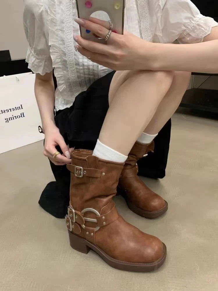 miu短靴小个子西部牛仔靴子女长筒靴皮带扣粗跟马丁靴套筒骑士靴