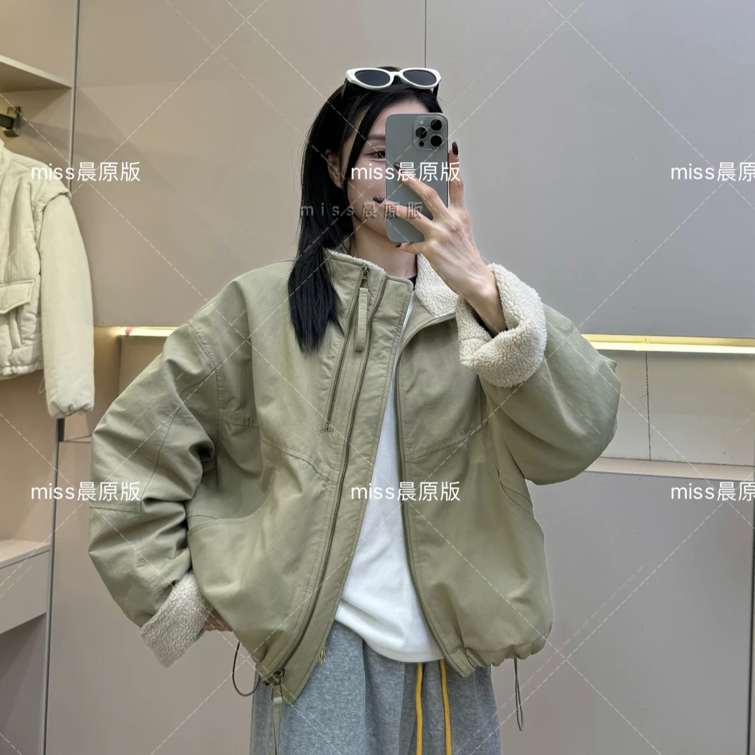 羊羔毛短款派克服女2024冬款韩系休闲宽松小个子棉服外套