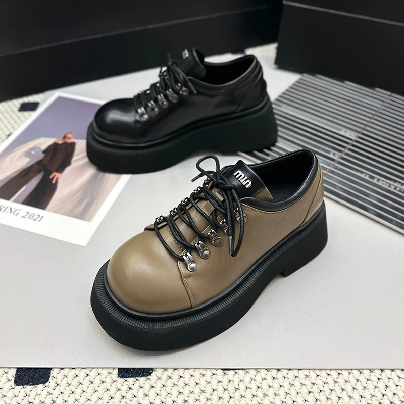 厚底增高小皮鞋女2024新款真皮乐福鞋欧货水钻松糕单鞋XI680-30