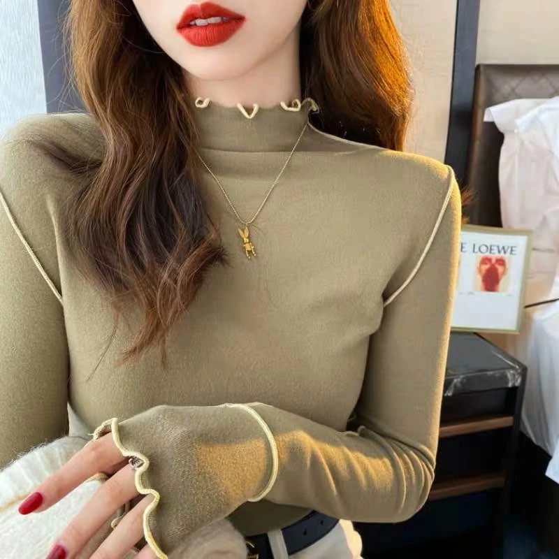 秋冬新款打底衫加绒双面设计女内搭木耳边德绒半高领显瘦修身上衣