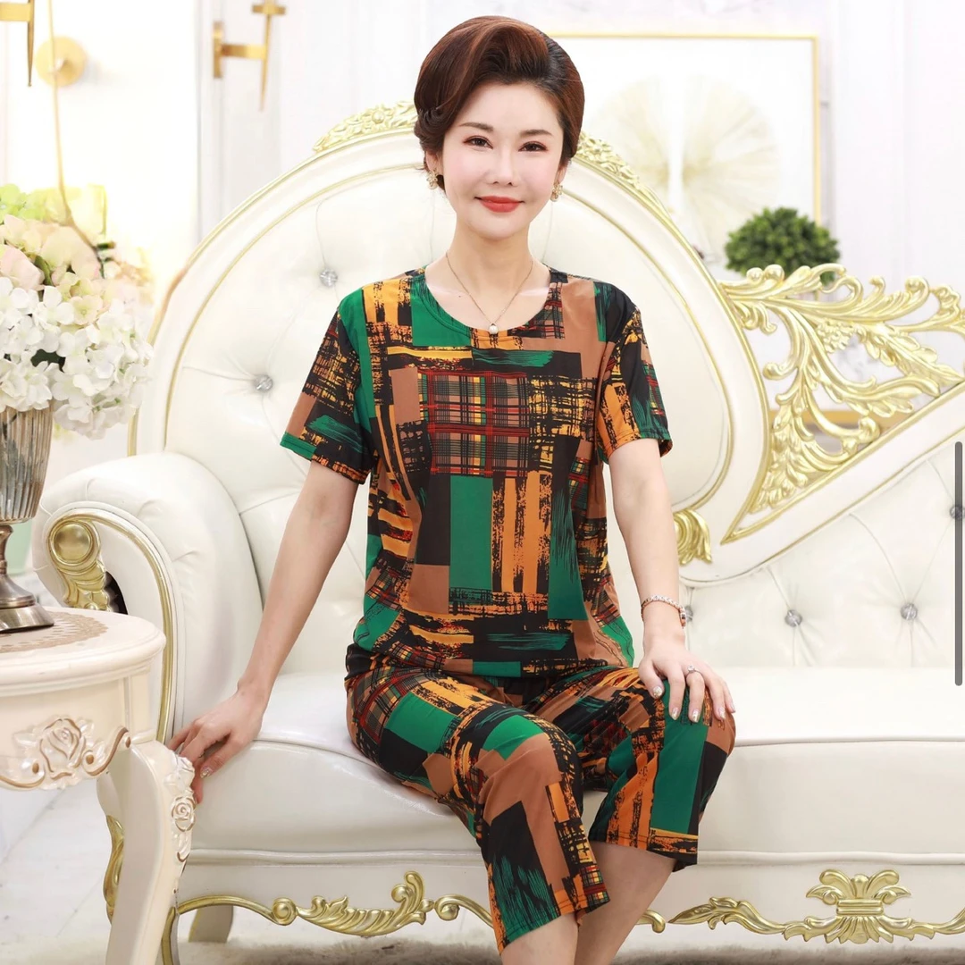 冰丝休闲大码时尚奶奶套装妈妈大码T恤中年短袖套装薄款夏季碎花