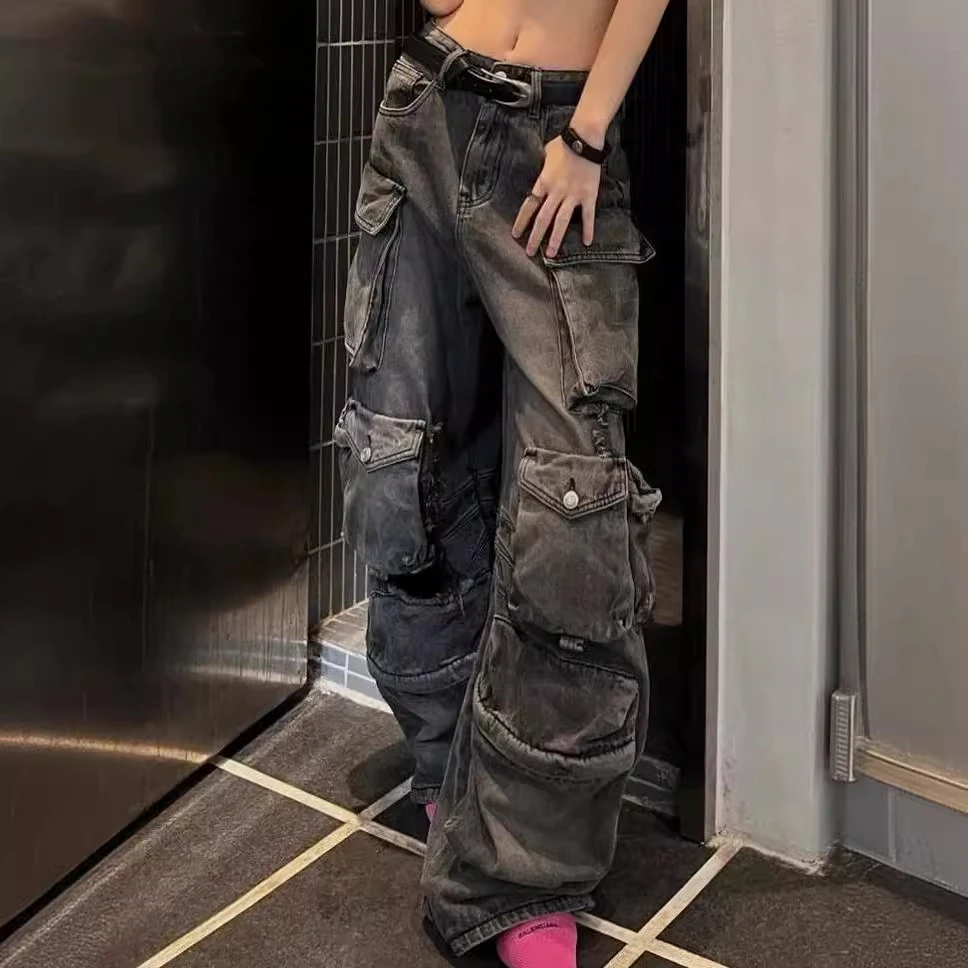 美式vibe大码水洗多口袋工装牛仔裤女高街直筒重工宽松阔腿拖地裤