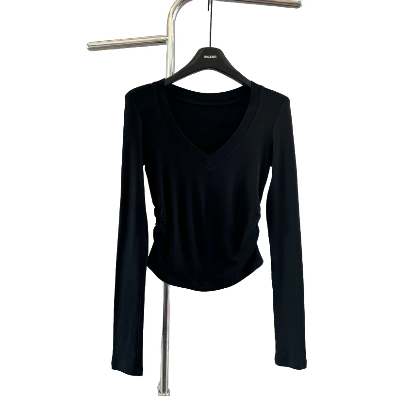 赵灵儿秋冬纯色V领长袖打底T恤女修身显瘦褶皱短款上衣