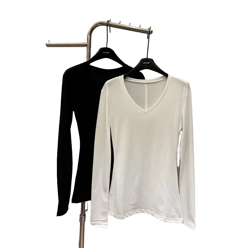 赵灵儿简约V领长袖T恤女显瘦修身打底衫舒适百搭上衣