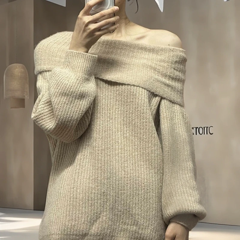 【ASKYO】一字肩秋冬漏锁骨毛衣高级感时尚套头针织毛衣针织衫