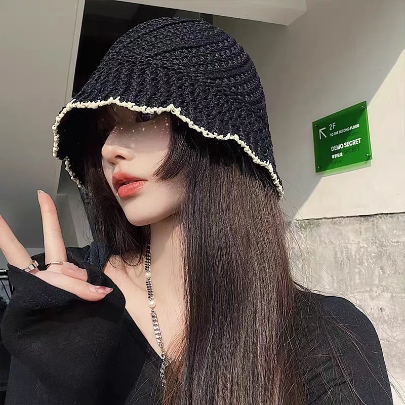 草帽女夏季海边沙滩太阳帽镂空透气编织显脸小水桶女款渔夫帽