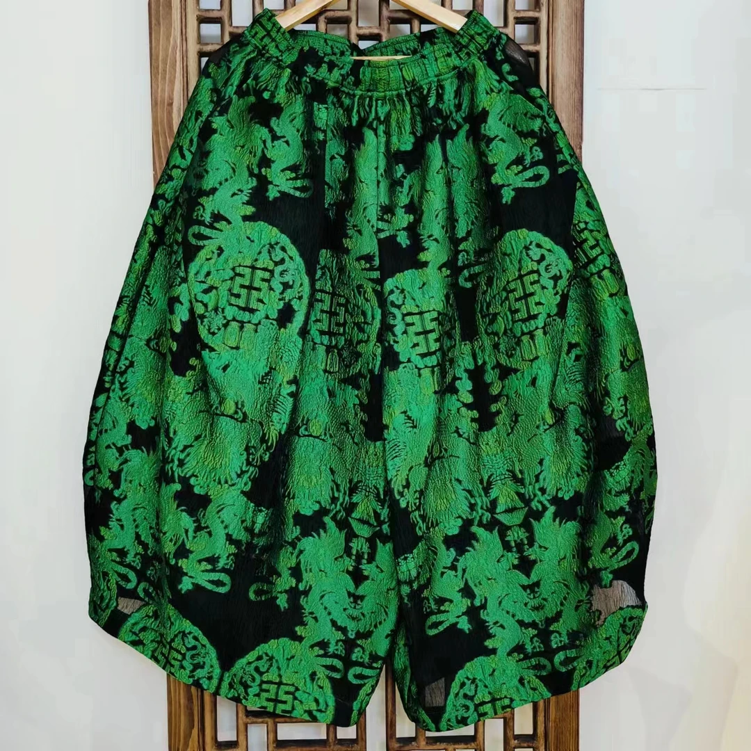 凤徕兮私人定制绿色龙纹提花全松紧花苞裤 LK040-39