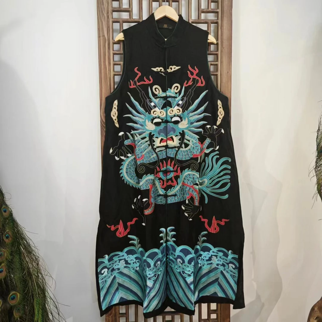 凤徕兮私人定制黑底蓝座龙刺绣盘扣对襟马甲HM0065