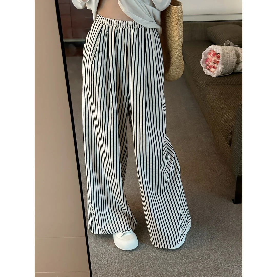 夏季条纹松紧腰直筒阔腿裤-K729