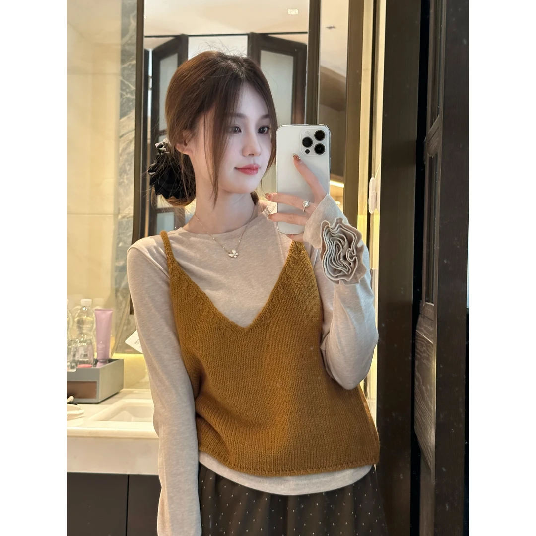【黄色背心】秋季简约毛针织吊带背心-MY1019