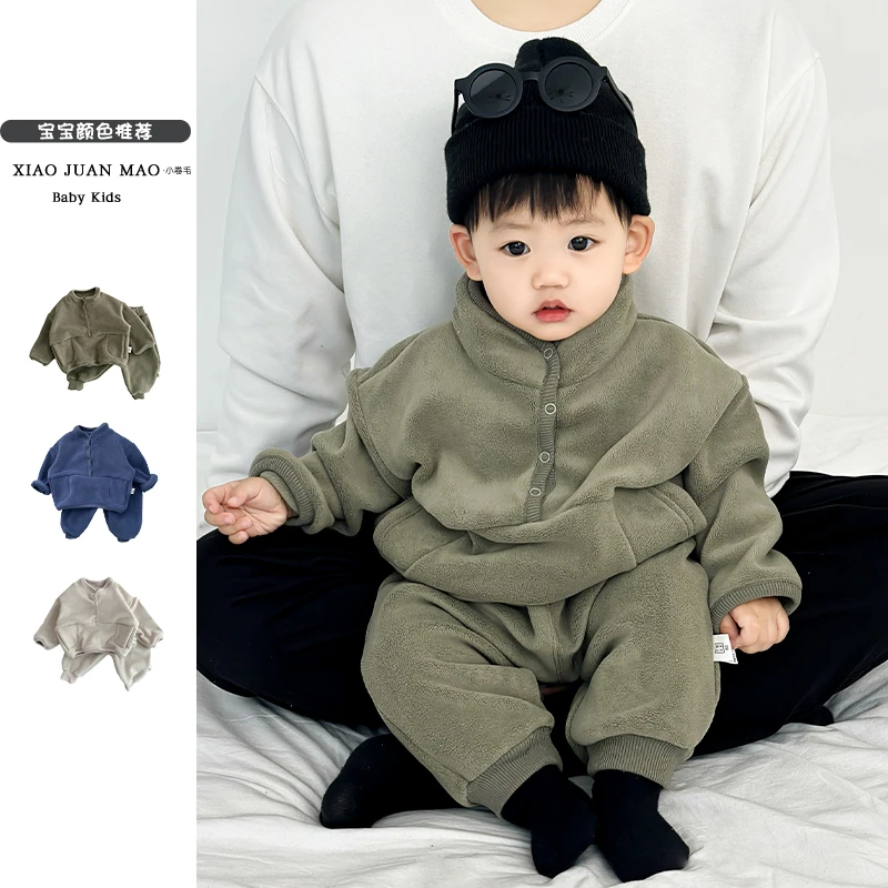 T23D73儿童春秋男童洋气小童韩版男宝宝休闲秋冬摇粒绒纯色套装