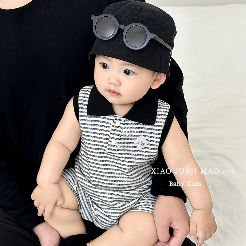 T24X01-1婴幼儿爬服男童女童条纹无袖爬服洋气宝宝连体衣夏装薄款