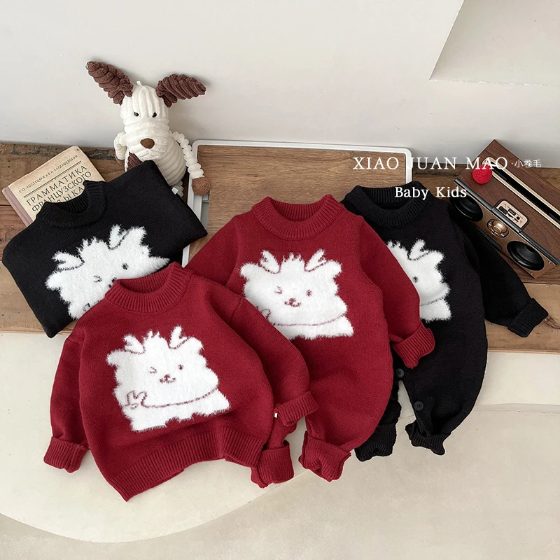 T23D105 新款韩版儿童针织提花龙毛衣男童女童圆领毛衣外出服卡通