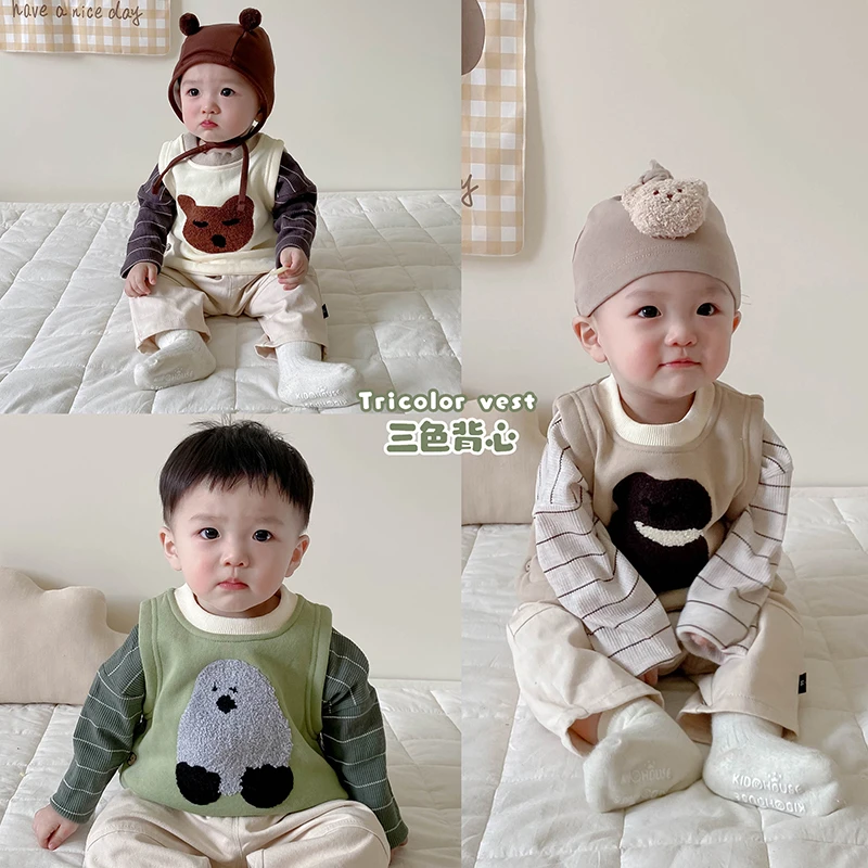 T22D05 韩系秋冬季侧开扣马甲可爱卡通背心男女宝宝百搭外出服