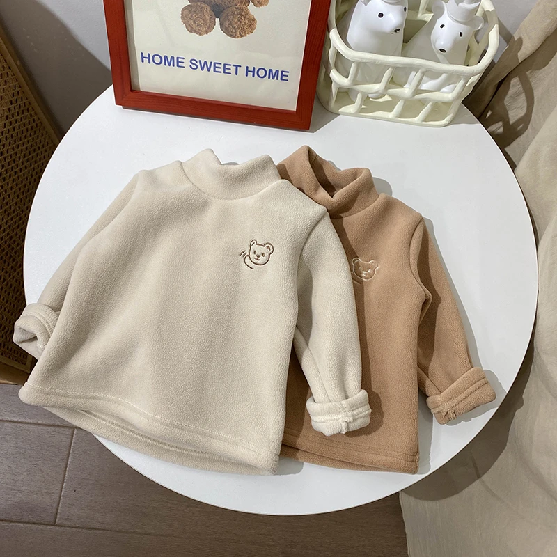 TD2207男女宝宝半高领加绒加厚打底衫婴儿冬季保暖百搭纯色T外出