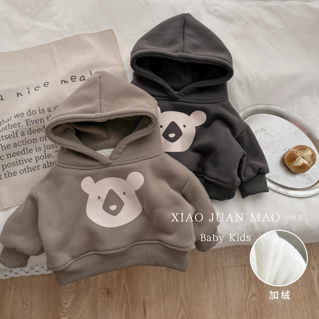 T22D12韩版婴幼儿尖嘴熊卫衣加绒连帽卫衣男女宝宝外出服印花保暖