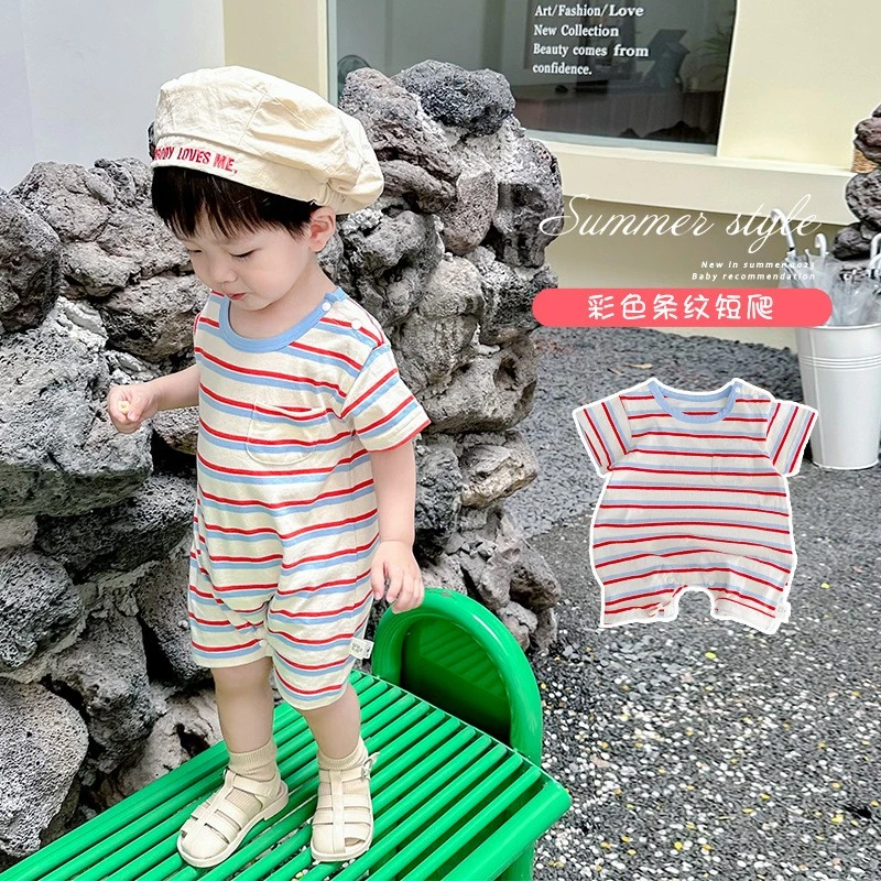 SJ23X30 婴幼儿夏季哈衣彩色条纹短爬连体衣儿童薄款爬行衣男女宝