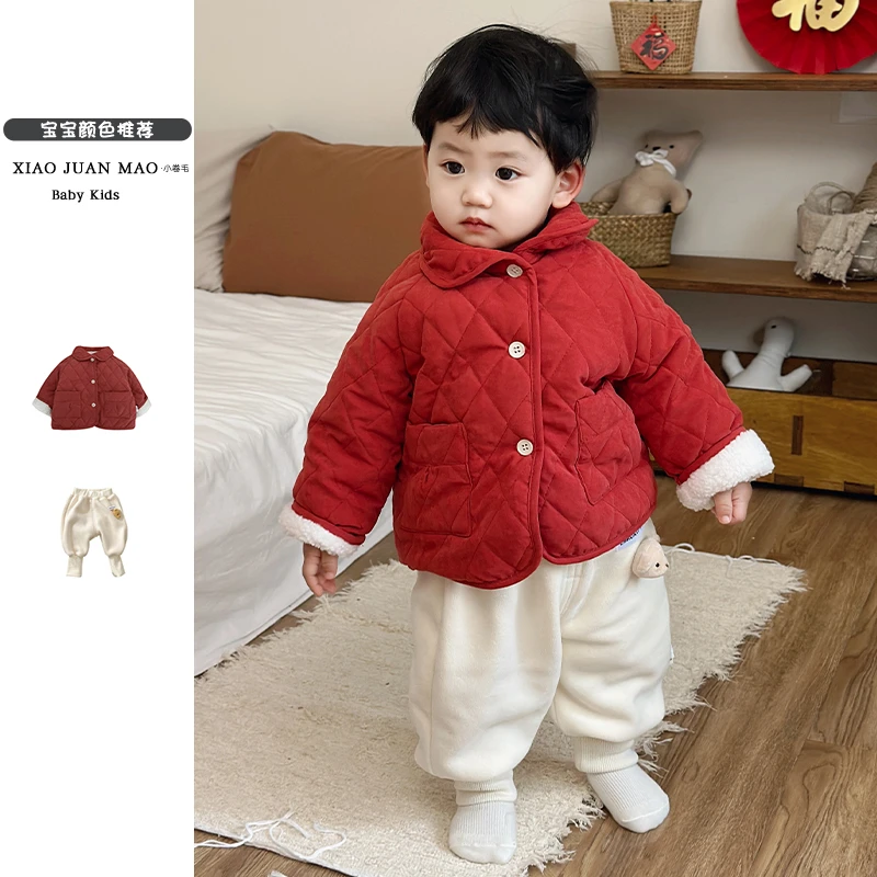 T24D159 新款秋冬男女童加绒时髦洋气百搭保暖菱形格红色外套外出