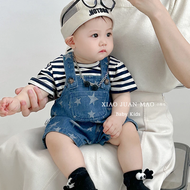 T24X03  婴儿韩版夏童装男女宝牛仔背带短裤小童洋气牛仔背带裤潮