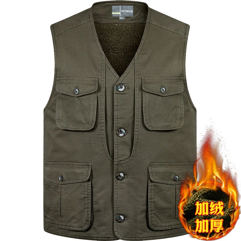 冬季加绒加厚马甲男士户外多口袋保暖背心中老年坎肩外套户外马夹