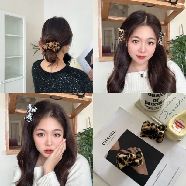 【豹纹控】秋冬新款豹纹系列公主头蝴蝶结刘海夹气质半扎网红发饰