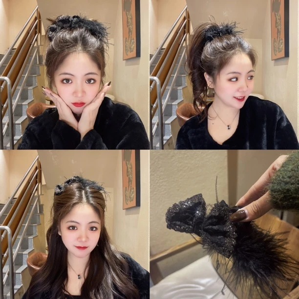 【迷雾】秋冬蝴蝶结毛毛发夹女后脑勺显发量半扎发羽毛抓夹
