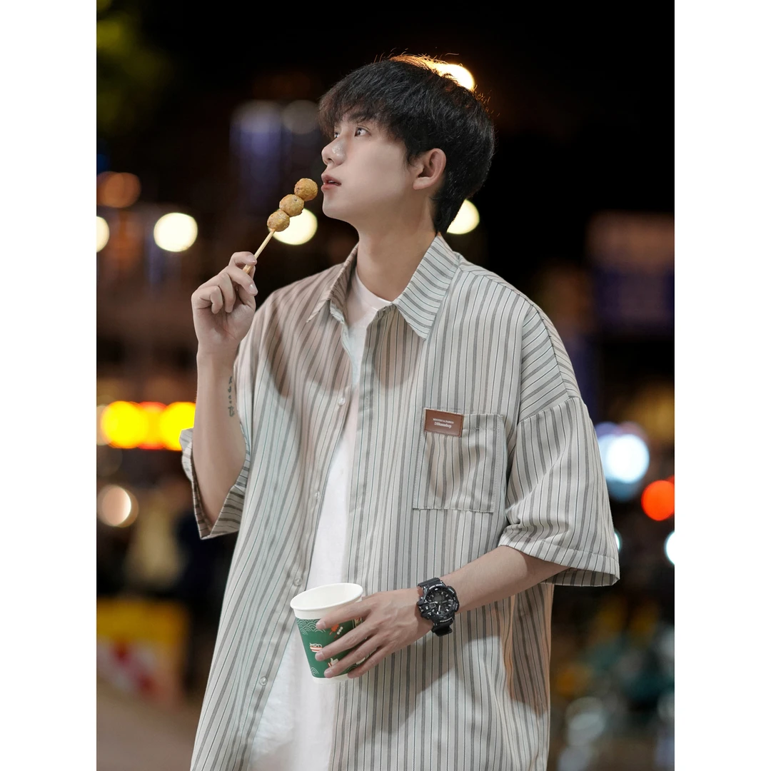 条纹衬衫男装春夏天衬衣服2025新款港风复古潮牌短袖宽松休闲外套