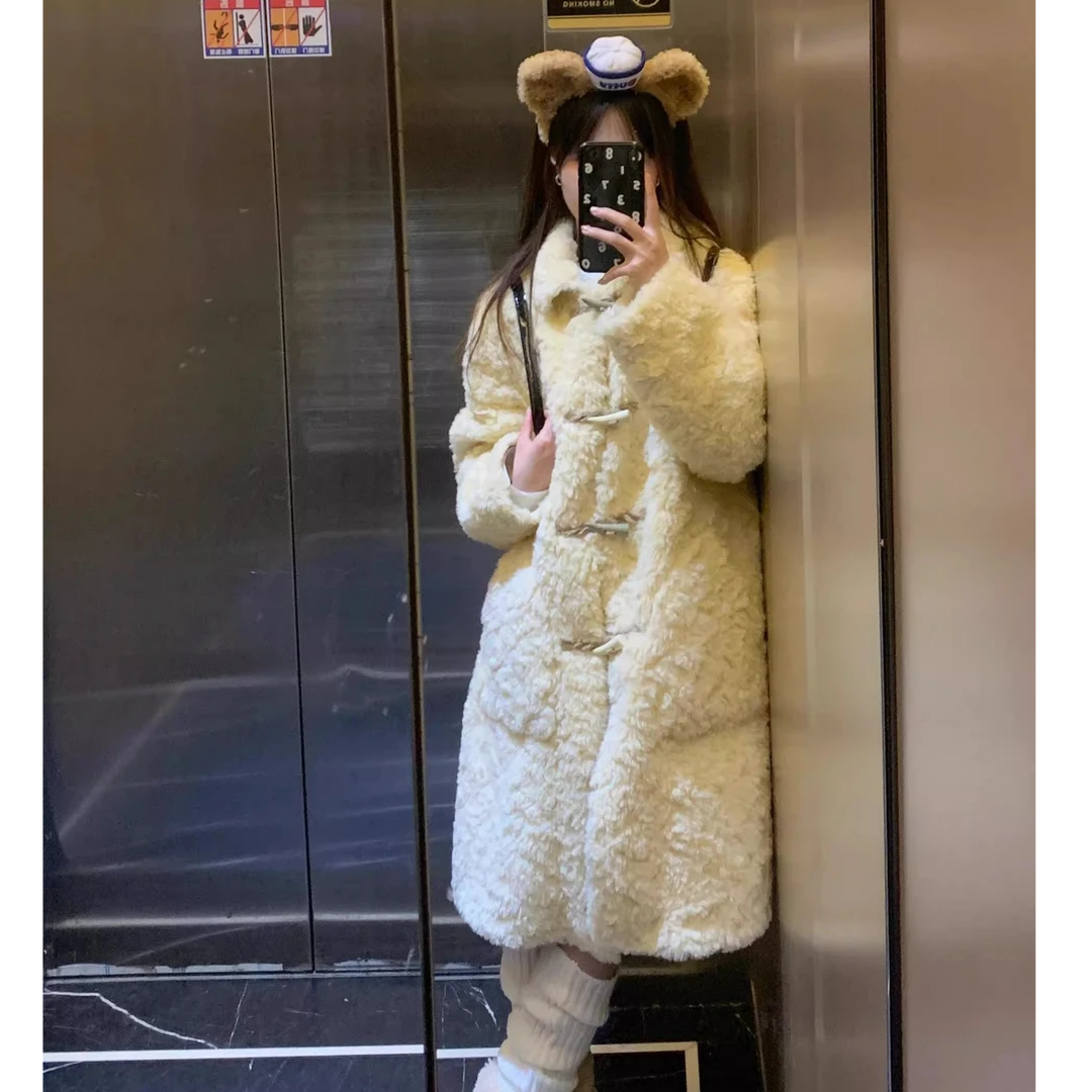 2024新款芒果舒芙蕾 韩系秋冬软糯毛毛环保中长撞色牛角扣外套女