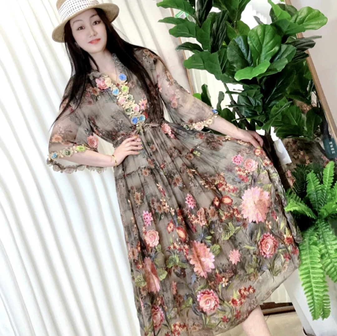 【花仙子】重工印花刺绣桑蚕丝连衣裙