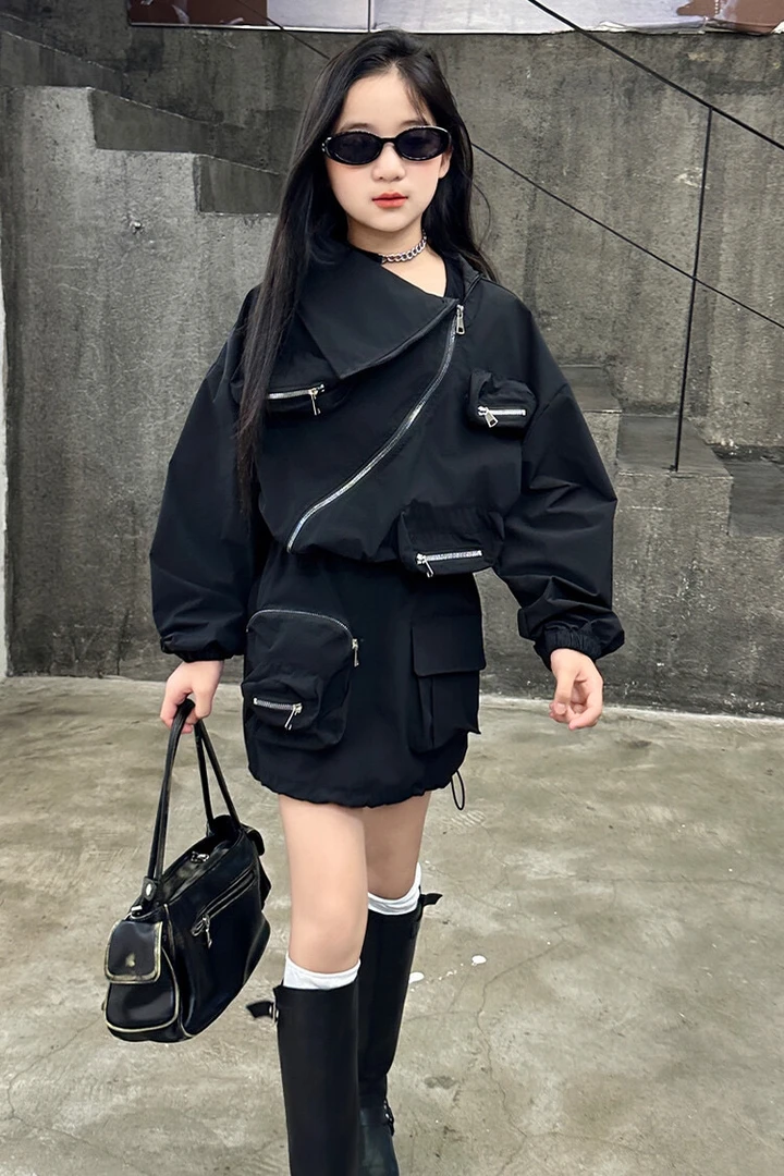 2024早秋新款网红炸街套装女童工装冲锋衣外套半身裙两件套亲子潮